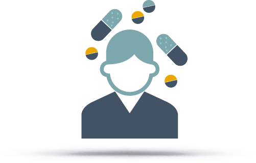 outline of person surrounded by pills