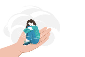 distraught girl sitting in hand with cloud around