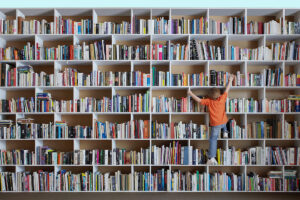 little boy climbing bookshelf