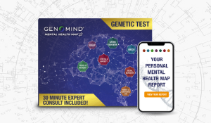 Genomind® Mental Health Map™ box with iphone beside it Your Personal Mental Health Map Report
