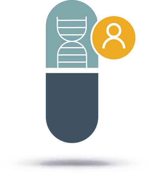 2-part pill with DNA strand in top half with circled person gold