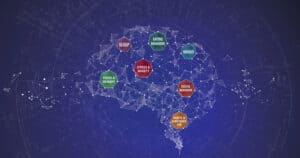 brain with heptagons of 7 areas of mental health: sleep, focus & memory, stress & anxiety, eating behavior, mood, social behavior, habits & substance use