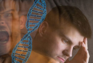 DNA helix with concerned men behind it