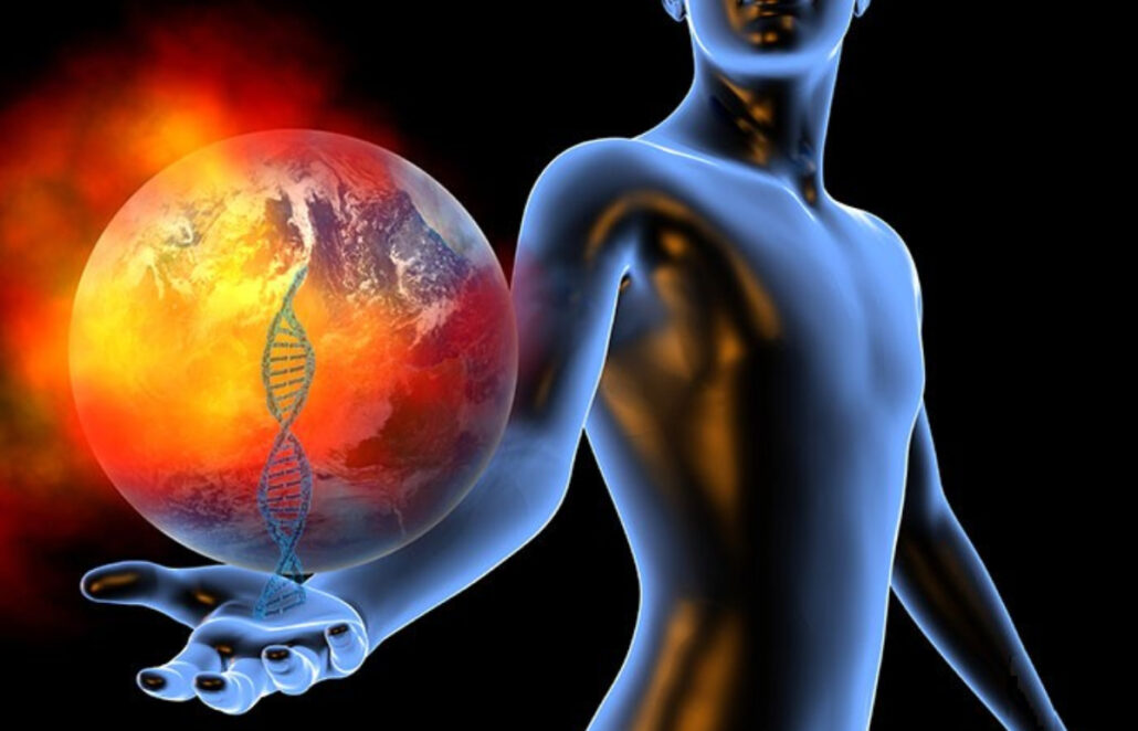 torso shot of figure holding earth with a DNA helix and heat