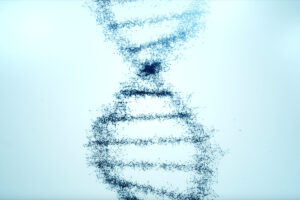 blue dna strand made up of tiny dots and connectors floating on light teal background