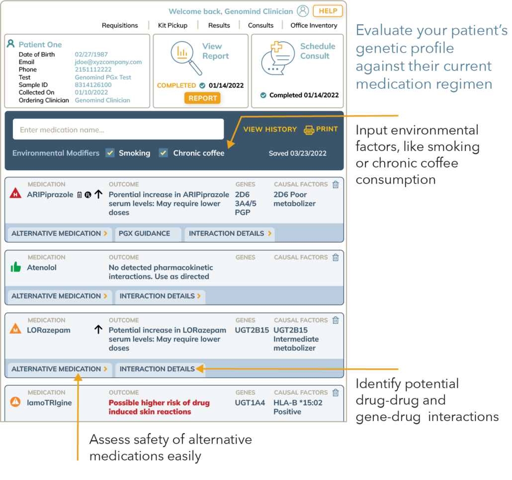 Genomind Precision Medicine Software screengrab with capabilities
