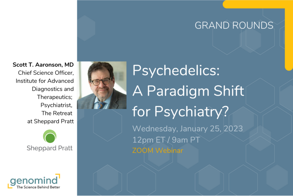 Event title card for webinar named Psychedelics paradigm shift in psychiatry