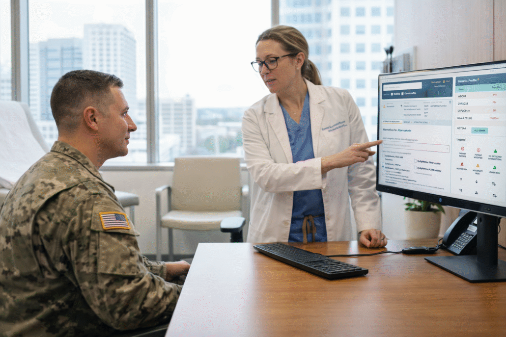 Doctor reviewing PGx test results with soldier