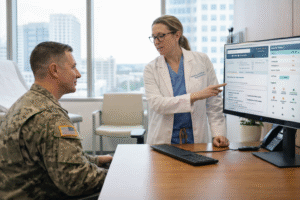 Doctor reviewing PGx test results with soldier